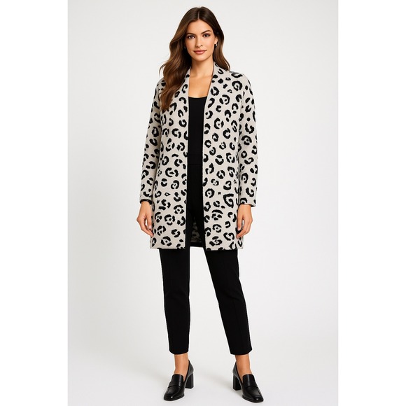 Tahari Cardigan Womens S Beige Black Open Leopard Print Longline Modern Sweater - Picture 1 of 16